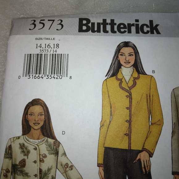 BUTTERICK 3573 Sz 14-18 Misses below waist, long sleeve button front jacket EASY - Picture 2 of 5